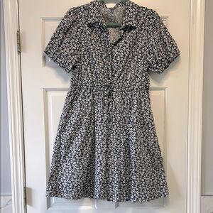 J Crew, Size 12, gently used, Navy Blue and White Floral Button-Up Dress